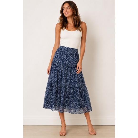 Lauren Ralph Lauren Dresses & Skirts - Lauren Ralph Lauren Women's M Blue Floral Tiered Midi Skirt Cottagecore Boho